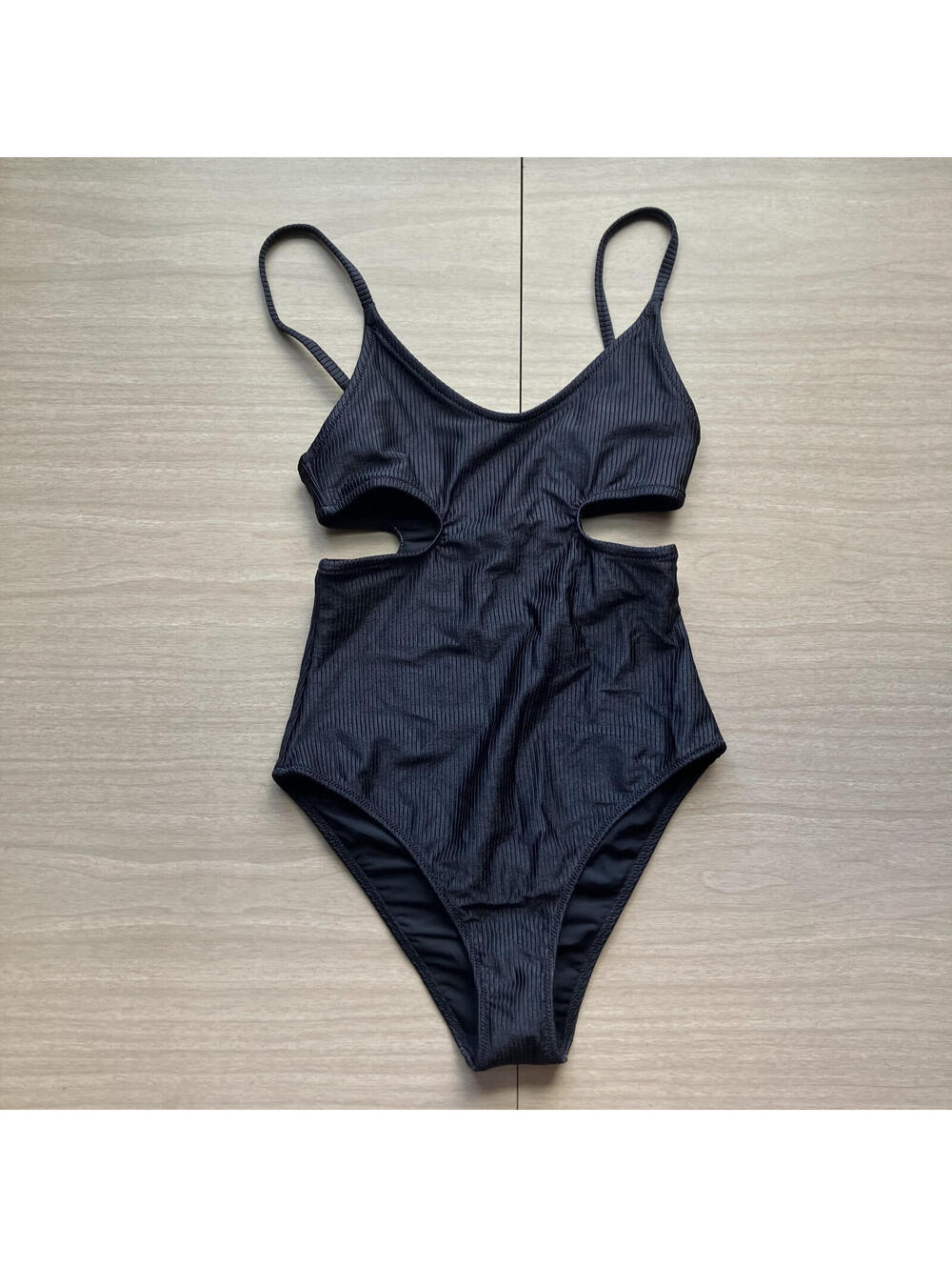 Aerie Swim Ribbed Cut Out Scoop Tie Top Cheeky Bottom Black Sexy Classic XS New